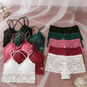 Women'S Sexy Lace Bandeau Top And Short Panty, Romantic Solid Color, Mid-Rise, Removable Padding, Set for Adult