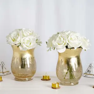 2-Pack Glass Hurricane Vases Bell Shaped 8" Gold Curvy Design - Crackle Finish Tealight Centerpieces
