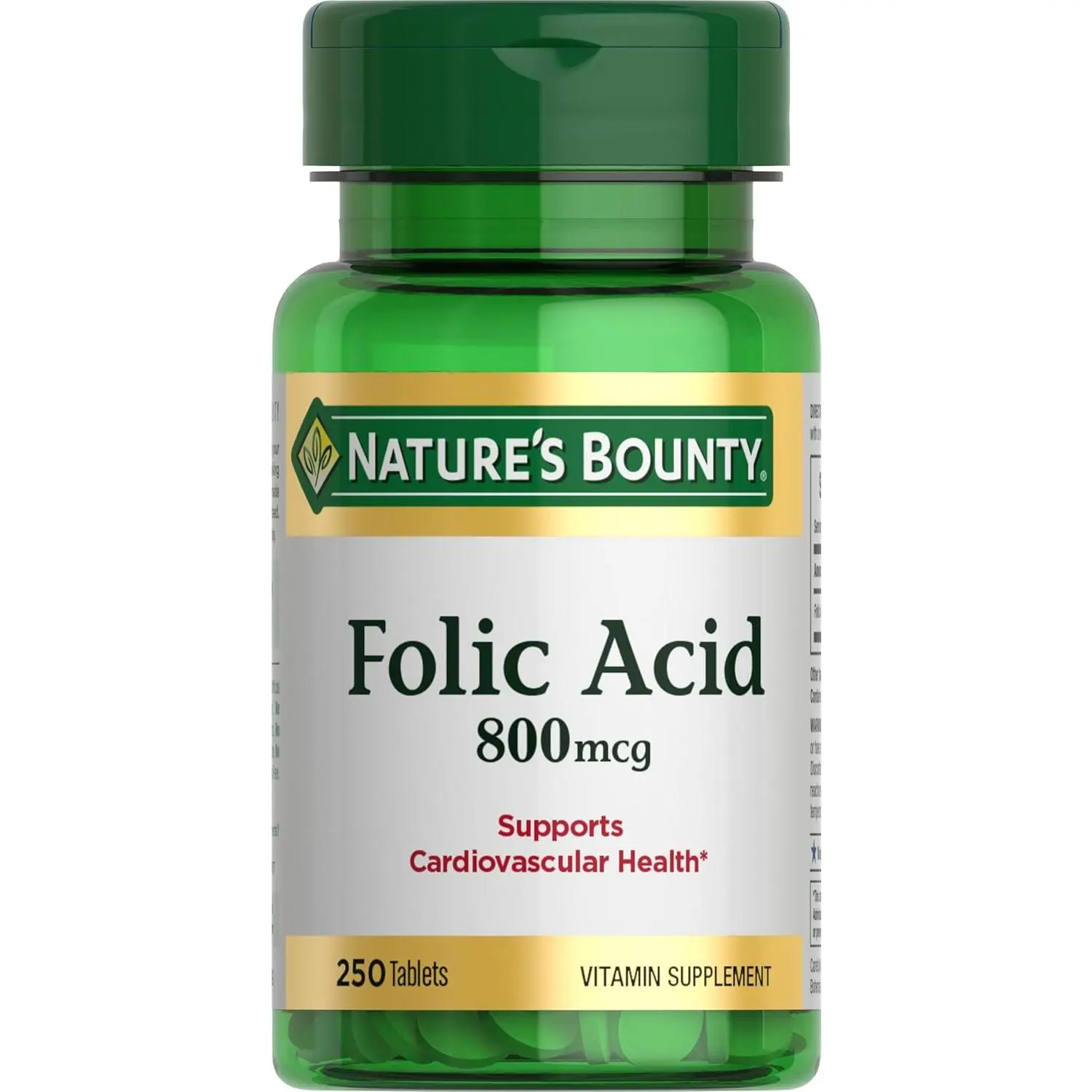 Nature's Bounty Folic Acid Vitamin Supplement, 800mcg, 250 Tablets, Supports Cardiovascular Health