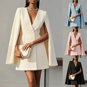 2026 European and American women's autumn double breasted shawl cape solid color suit dress for women