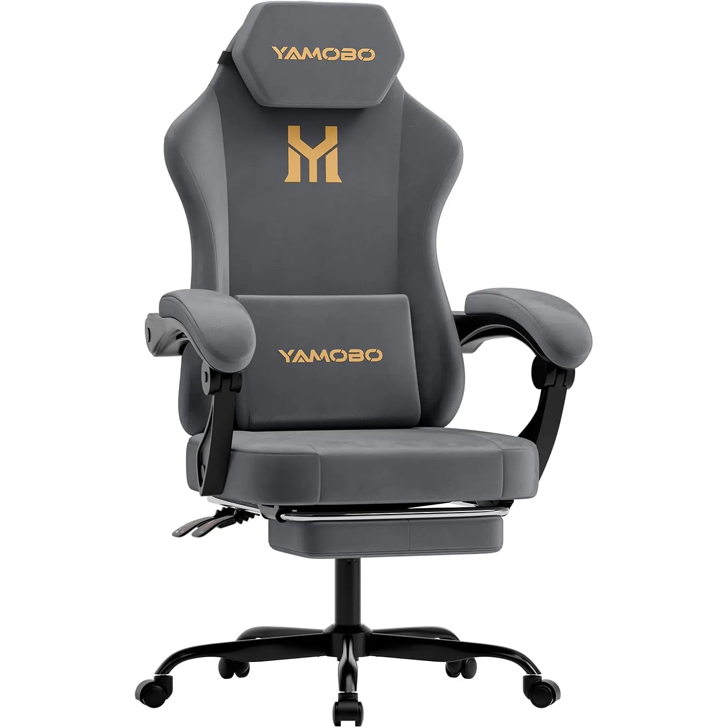 Gaming Chair with Footrest, Game Chair with Lumbar and Headrest Massage Support for Adults, Ergonomic Fabric High Back Computer Desk Gamer Chair with 360°Swivel Wheels for Office, Grey YAMOBO