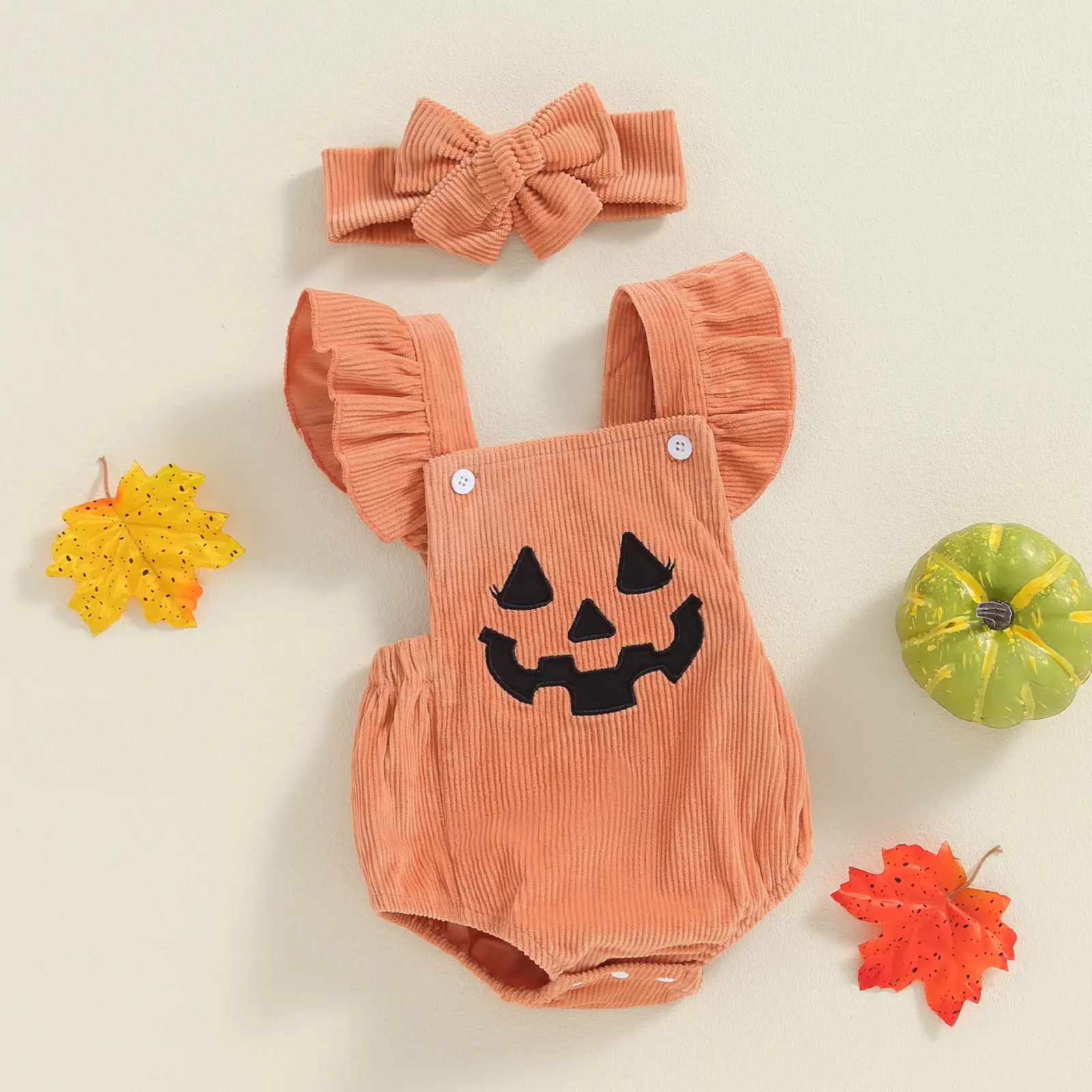 Newborn Baby Girl Halloween Clothes Sleeveless Corduroy Romper Infant Jumpsuit Cute Headband Outfit 0-18 Months