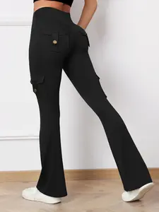 Women's High-Waisted Sporty Yoga Flare Pants, Tight-Fitting All-Season Activewear, Moisture-Wicking Breathable Fabric, Side Pockets & Button Design, Black Pants, Activewear Bottoms