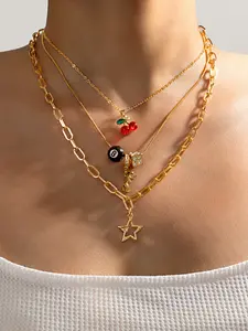 3pcs Y2K Style Leopard & Cherry Necklace Set, 8-Ball Billiard Dice Charm Necklace, Trendy Star Design Jewelry, Perfect Gift for Her