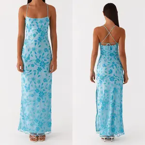 Women Beaded Flower Cami DressGlitter Sequin High Split Spaghetti Strap Open Back Long Dress for Party Club