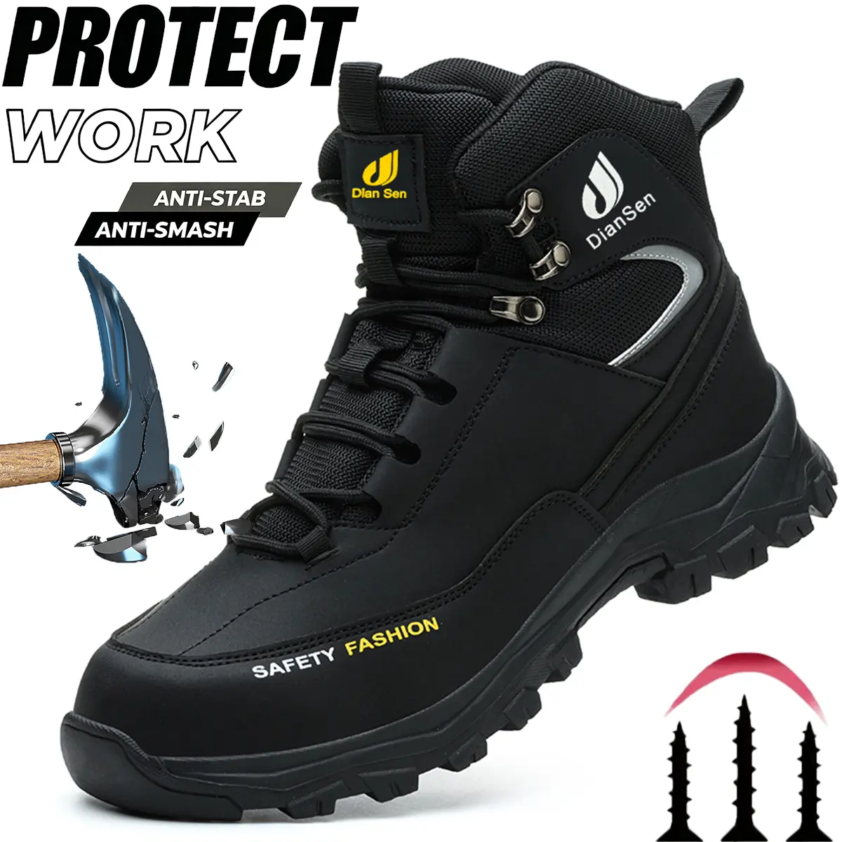 Men's Black Steel Toe Safety Shoes Anti-Smash & Puncture-Proof Durable Mining Work Boots All-Season Protective Footwear for Construction Sites and Daily Wear