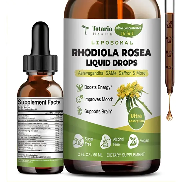 Liposomal Rhodiola Rosea Liquid Drops 1000mg, 16-in-1 Rhodiola 10:1 Root Extract with Ashwagandha, Alcohol-Free Adaptogen, Energy & Focus Support, 60mL