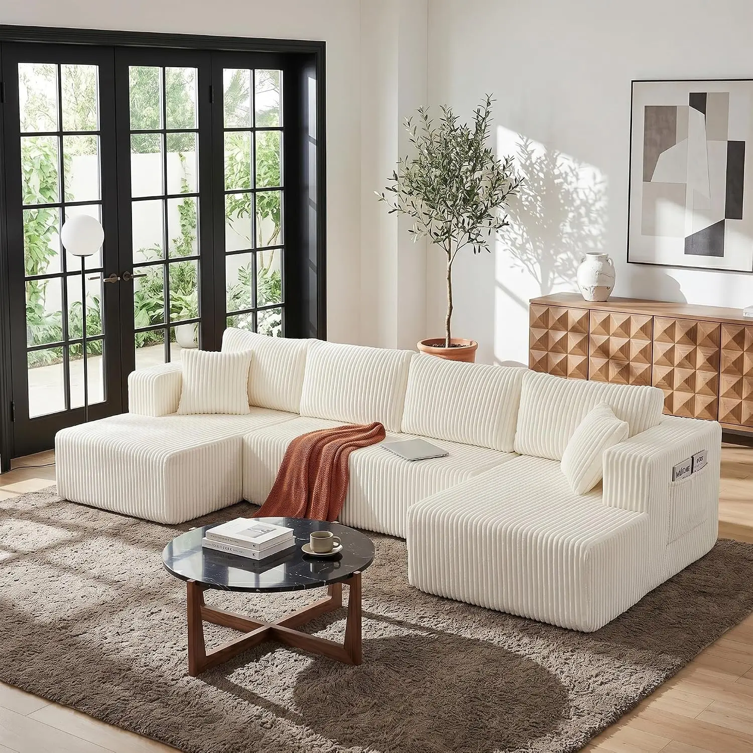 132"Oversized Cloud Boneless Couches for Living Room, U-Shaped Modular Sectional Sofa with Chaise and Side Pockets, Corduroy Deep Seat Boneless Couch, No Assembly Required,Beige
