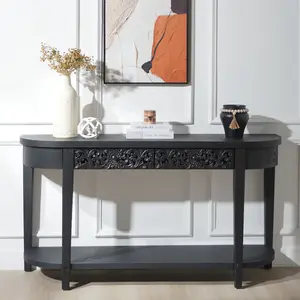 59.2in Black Carved Wooden Console Table with Lower Storage Shelf Tow Drawers– Elegant Decorative Accent for Entryway, Living Room, and Hallway