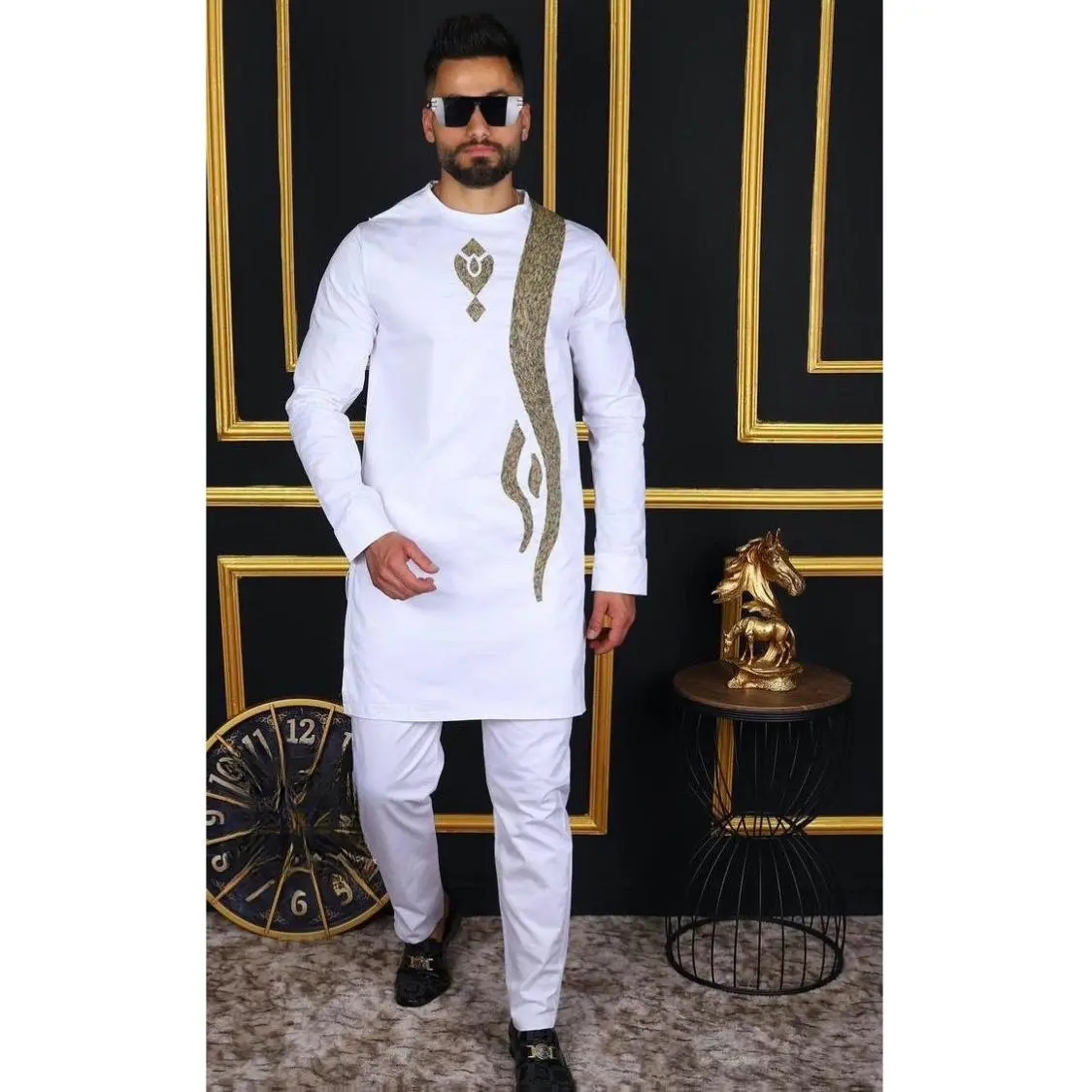African Men's Clothing Cotton Embroidered Matching Shirt & Pants Formal Nigerian Wedding Outfit Groom Father of The Bride Guest Groomsmen Menswear Birthday Party Gala Reception Dinner Celebrant Graduation 2 Piece Set