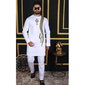 African Men's Clothing Cotton Embroidered Matching Shirt & Pants Formal Nigerian Wedding Outfit Groom Father of The Bride Guest Groomsmen Menswear Birthday Party Gala Reception Dinner Celebrant Graduation 2 Piece Set