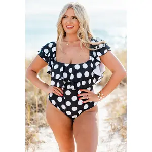 Chic Soul Meet Me In Ibiza 1-Piece Swimsuit - Black/White Polka Dot, Nylon Blend, Pool Swim, Flutter Details, One Piece Swimsuits