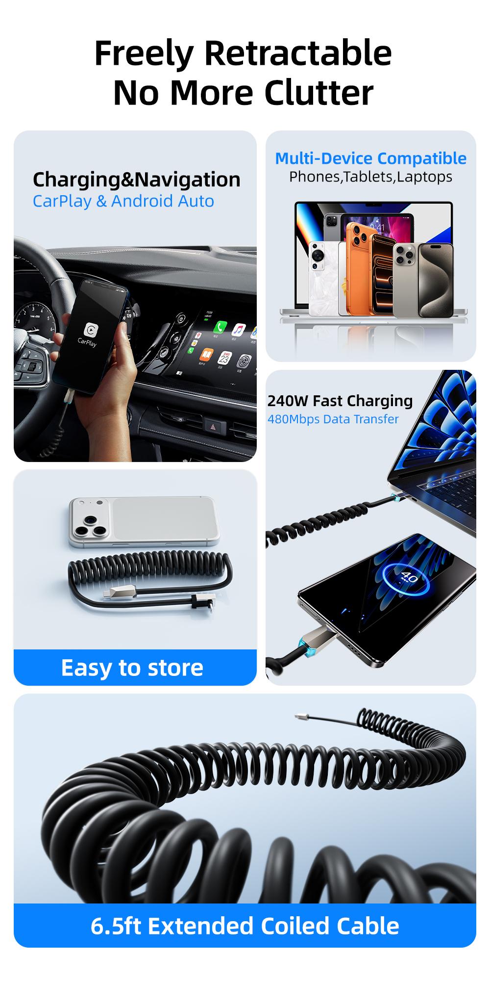 OOI 240W Coiled USB C to USB C Cable, 6.6FT Telescopic Cyber Head Right Angle C to C Cable Fast Charging, High-Speed Data Transfer for car, Ultimate Storage Fits iPhone 17 16 15 Series/ Samsung Galaxy Series/Pixel Series/Laptops/Pad