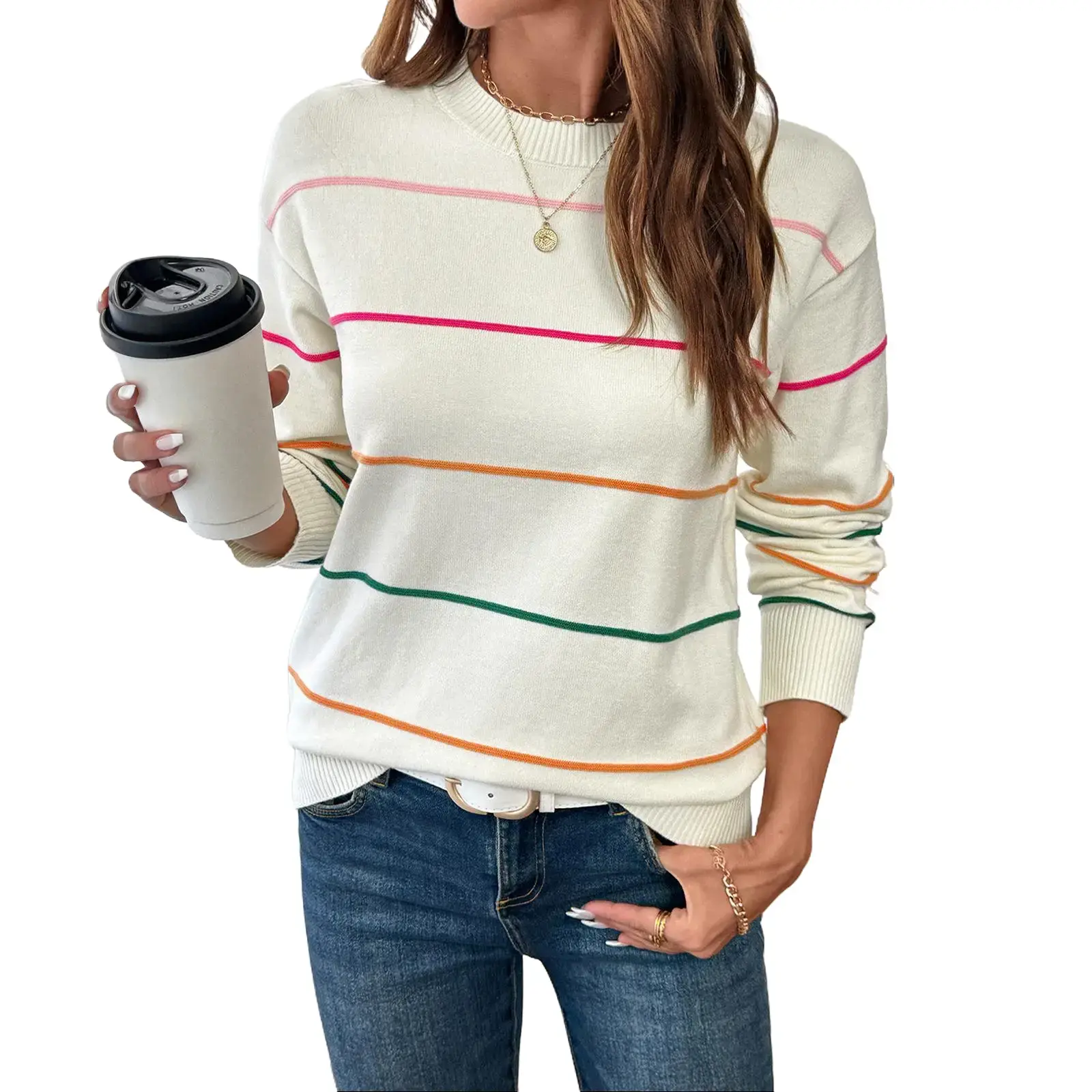 Shewin Women's Knitwear Pullover, Casual Colorful Striped Style, Oversized Long Sleeve Crew Neck Polyester Top,back to school,back to school shopping, Women's Tops, Sweaters,clothes for back to school,first day of school outfits Womenswear Crewneck,sohoch