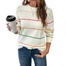 Shewin Women's Oversized Knitwear Pullover, Casual Colorful Striped Crew Neck Long Sleeve Polyester Top, Clothes for Women, Long Sleeve Tops, Sweatshirts, Cold Wash, Back to School Outfits