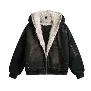 Men's American street washed denim padded cotton jacket, winter fleece - lined outerwear, men's wasteland - style cotton coat Patchwork Hooded  men leatherjacket couple sweatshirt