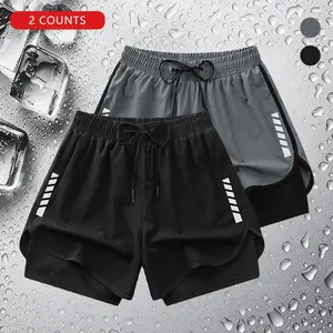 Set of 2 summer solid-color sports shorts—durable, double-layer design suitable for both men and women; ideal for running, outdoor fitness, and casual wear.