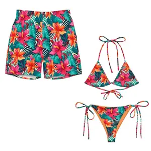 Couple Matching Swimwear Set – Tropical Floral Bikini & Beach Shorts, Summer Vacation Quick-Dry Outfit