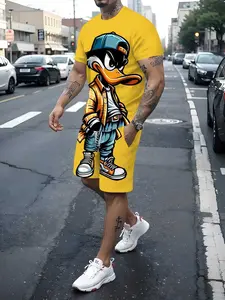 Men's Summer Outdoor Quick-Dry Short Sleeve T-Shirt + Shorts Set Outfit, Trendy Duck 3D Print Vintage Style, Casual Streetwear for Daily Wear