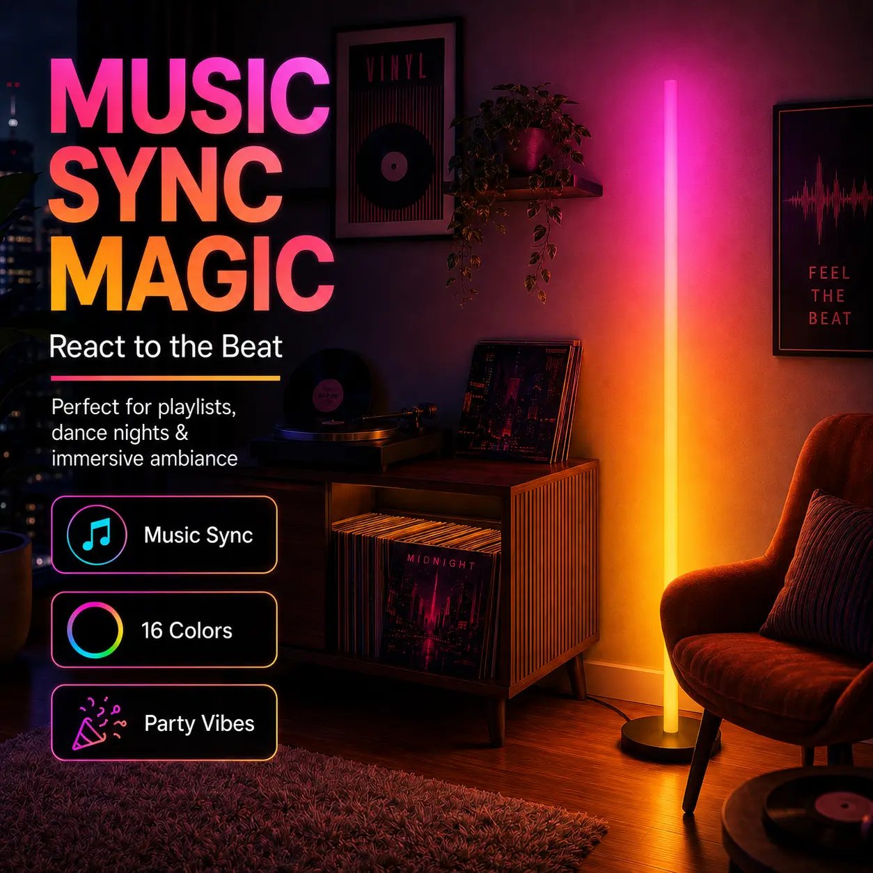 Smart LED Floor Lamp with RGBIC Color Effects, App & Remote Control Corner Lamp, Modern Mood Lighting for Gaming Room, Bedroom, Office and Living Space