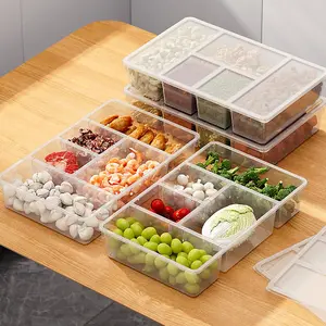 MANO 2 Pack Divided Veggie Tray with Lid - 5 Compartment Clear Snack Containers for Fridge, Stackable Produce Saver for Fruits, Vegetables, Meat & Fish