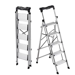 VEVOR 5 Step Ladder, Folding Step Stool with Wide Anti-Slip Pedal and Comfort Handgrip, 330 lbs Capacity Portable Aluminum Stepladder, Multi-Use for Kitchen, Warehouse, Household and Office, Silver