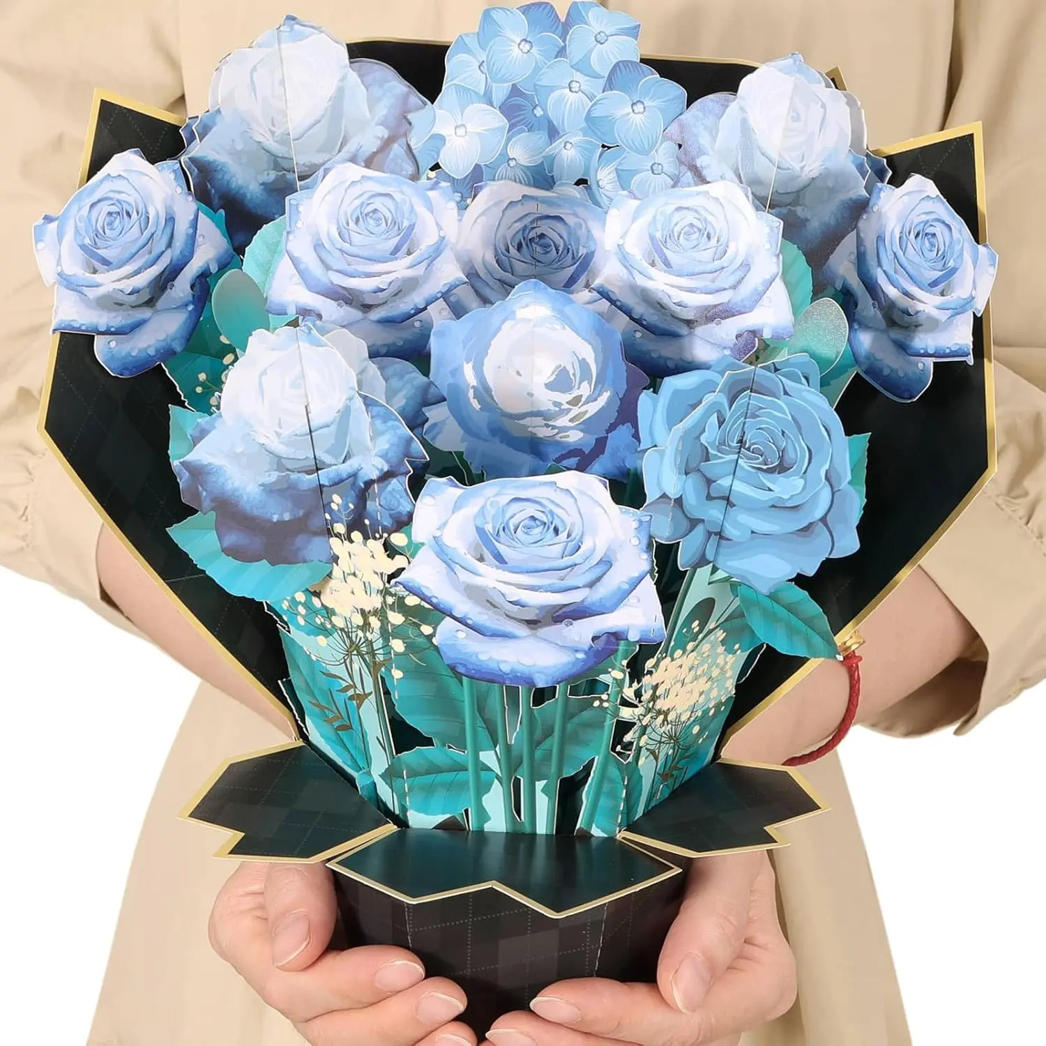 Pop Up Flower Cards, Blue Rose Bouquet 3D Greeting Card Birthday Card for Women with Blank Notes and Envelope, Anniversary, Congratulations, Get Well Gifts Card for All Occasion