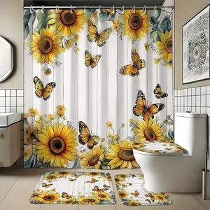4pcs Creative Country Style Sunflower & Butterfly Bathroom Curtain Set, Includes Toilet Lid, Mat, Hooks, Modern Home Decor, Holiday Gift