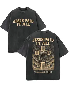 Retro Washed T-Shirt Double Sided Printed 230 Pure Cotton 'JESUS PAID IT ALL' Letter & Cross Pattern Christian Gift Men's Casual Comfortable Fashionable Street Style Cotton Short Sleeve washed pure cotton