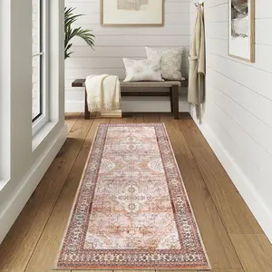 【GARVEE】Vintage Runner Rug 2x6 Hallway Runner Rug Washable Rug Oriental Floral Distressed Mat Low Pile Non-Slip Entryway Runners Kitchen Rug for Laundry Dining Room Bedroom Living Room Dorm Orange