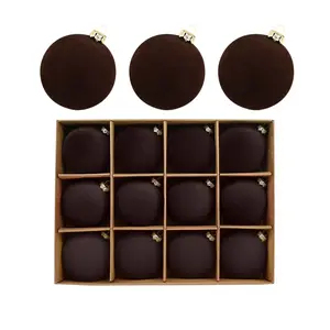 Christmas Burgundy Ball Ornaments, 12pc Velvet Flocked Christmas Trees, 2.4 Inch Plastic Xmas Decorations, Festive Holiday Home Décor