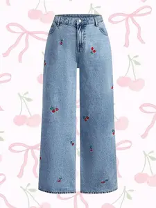 Women's Hand Embroidered Cherry Casual Straight Leg Wide Pants, Elegant Woven Denim Jeans, All Seasons Fashion, Comfortable Fit Trouser, Cute Fitted