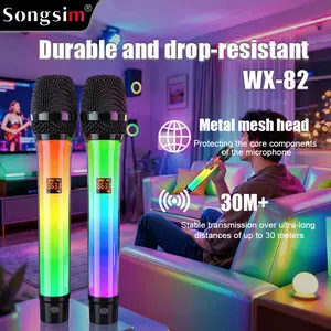 Songsim-WX82 Dual Wireless Dynamic Microphone Set (Pack of 2), featuring RGB lighting, LED display, Type‑C charging port, metal mesh head, high fidelity—ideal for live streaming, recording, TikTok, vlogs, and singing