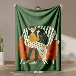 1 piece Warm couple cuddling on the sofa in an intimate moment themed flannel blanket - Modern-style all-season flannel blanket, suitable for sofas and beds, super soft and comfortable, digital print design, 100% polyester material, machine