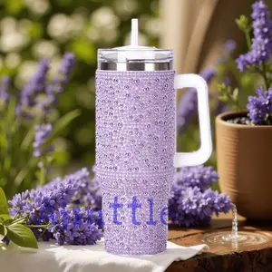 40oz Purple Pearl Embellished Stainless Steel Travel Tumbler with Handle, Double Wall Vacuum Insulated, Leak-Proof Lid & Included Straw, 1pc, Vacuum Insulated Cup