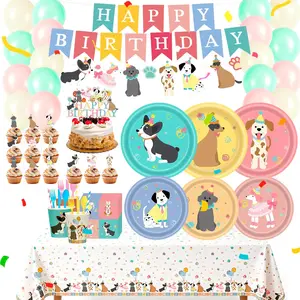 226pcs Pet Dog Birthday Party Supplies Retro Puppy Themed Paper Plates Napkins Vintage Puppy Face Party Tableware Disposable Pet Dinnerware Decoration Set for Kids Birthday Baby Shower Table Decor