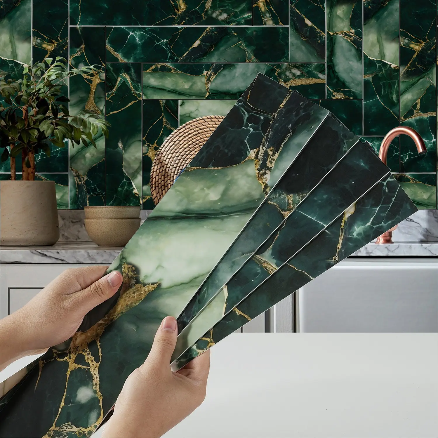 12/24PCS CFT Emerald Green Gold Marble Tile Stickers, PVC+PE Foam Waterproof Oil-Proof Self-Adhesive Wall Decals for Kitchen & Bathroom