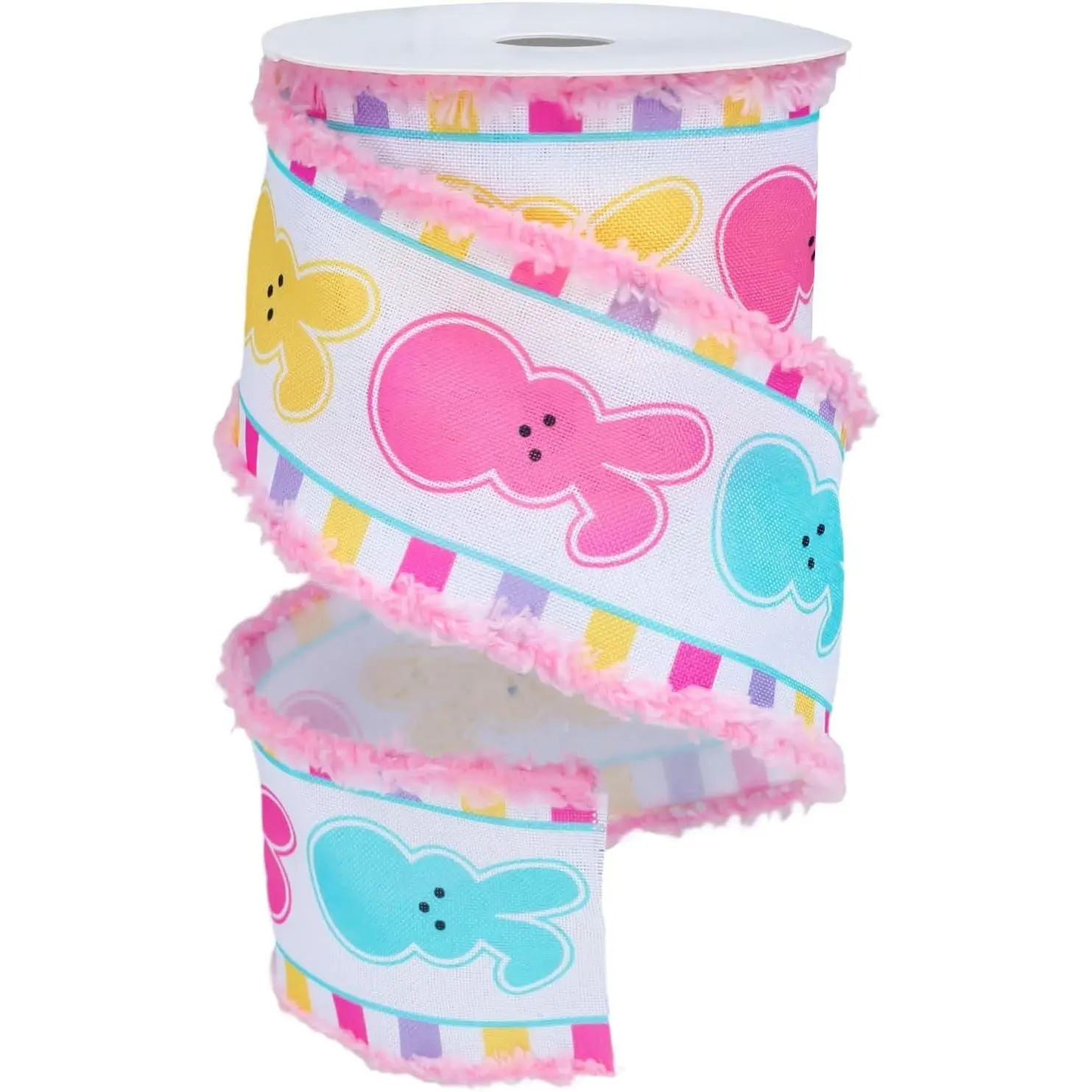 Easter Bunny Wired Edge Ribbon Spring Wired Ribbon Easter Rabbit Colorful Fabric Craft Ribbon with Pink Fluffy Edged for Gift Wrapping Wreath Bow DIY Crafts Party Decor, 10 Yards, 2.5 Inch