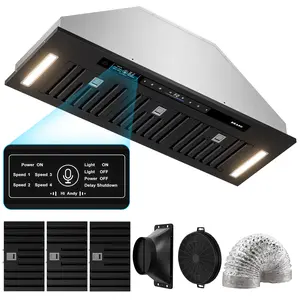 BRANO Range Hood Insert 36 Inch, 900 CFM Voice/Gesture/Touch Control Build-in Kitchen Hood Vent with 4 Speed Exhaust Fan, Memory Mode, Adjustable Lights, Ducted/Ductless Convertible