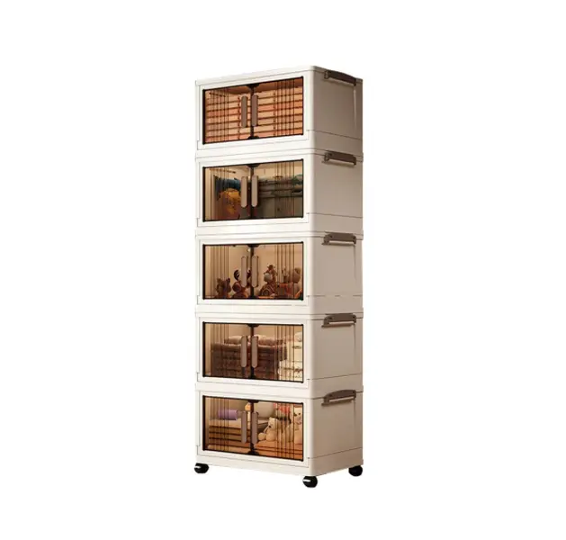 45"H Stackable Storage Cabinet with Doors & Wheels, Adjustable 5 Tier Plastic Organizer Bin for Home, Office, Garage Storage, White