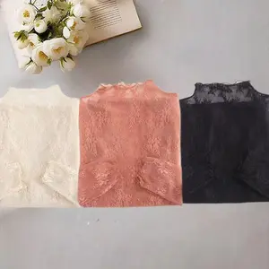 3PCS/Set Mix Randomly Send Color Womens Lace Long Sleeve Mesh Top Mock Neck Sheer Blouse See Through Floral Knitted Shirts Tops Fashion Clothing