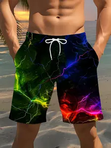 Men's Colorful Lightning Pattern Beach Shorts, Quick-Dry Loose Casual Shorts, Summer Vacation Must-Have, All-Over Print, Fitted H-Type