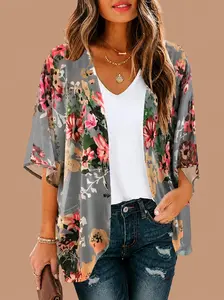 Women's Floral Print Puff Sleeve Kimono Cardigan Loose Cover Up Casual Blouse Tops 2026