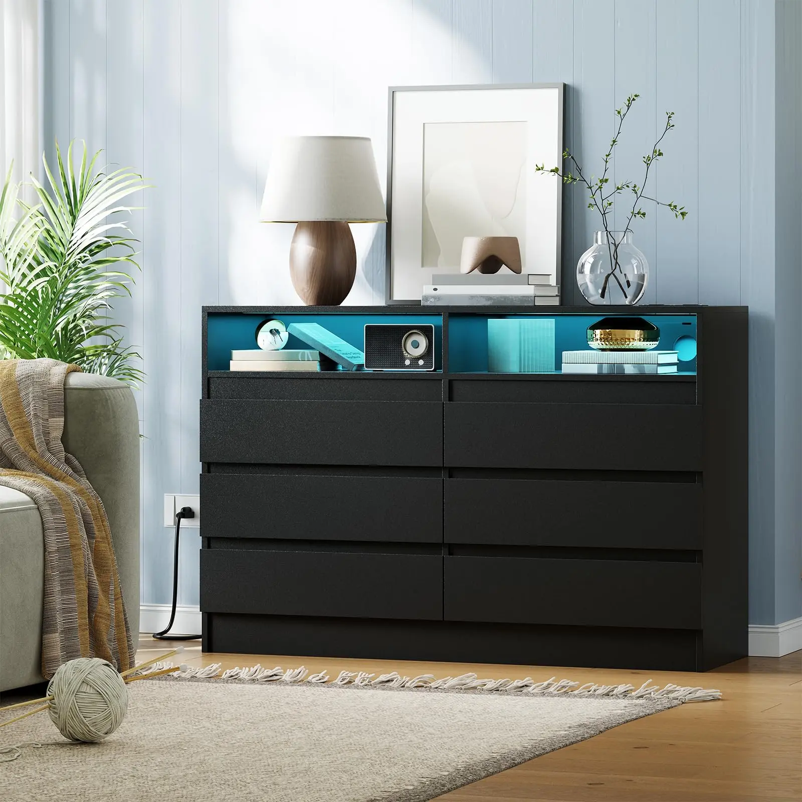 Garvee 6 Drawer Dresser with Charging Station and LED Lights, Modern Chest of Drawers with Power Outlet, Organizer Cabinet for Bedroom, Living Room, Entryway