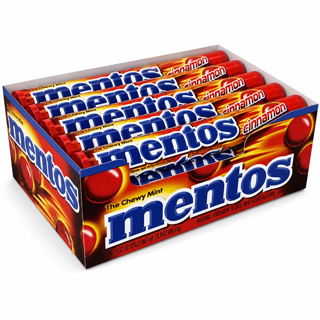 Mentos Cinnamon Chewy Mint Candy, Box of 15 Rolls, 1.32 oz (37 g) Each - Single Box of Cinnamon-Mint Rolls