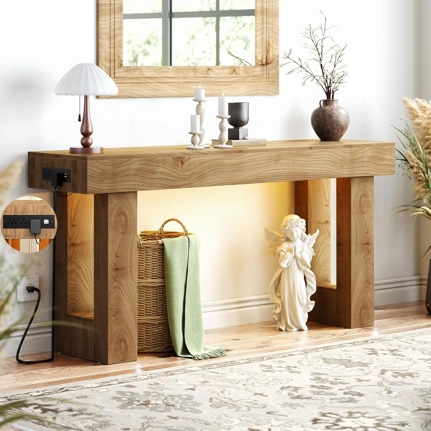 Unikito 63in Modern Farmhouse Entryway Table - White Oak Foyer Accent Furniture with MDF Board, Extra-Thick Top, Built-in Outlets, USB Ports, Sensor Light, Storage, Foot Pads, Rectangular Clean Look for Entrance, Living Room, Foyer Accent Table, Console T