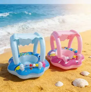 Anti-Rollover Baby Swim Ring with Canopy, Inflatable Seat with Toy Bar for Safe Summer Water Play Anti-Rollover Baby Swim Ring with Canopy, Inflatable Seat with Toy Bar for Safe Summer Water Play