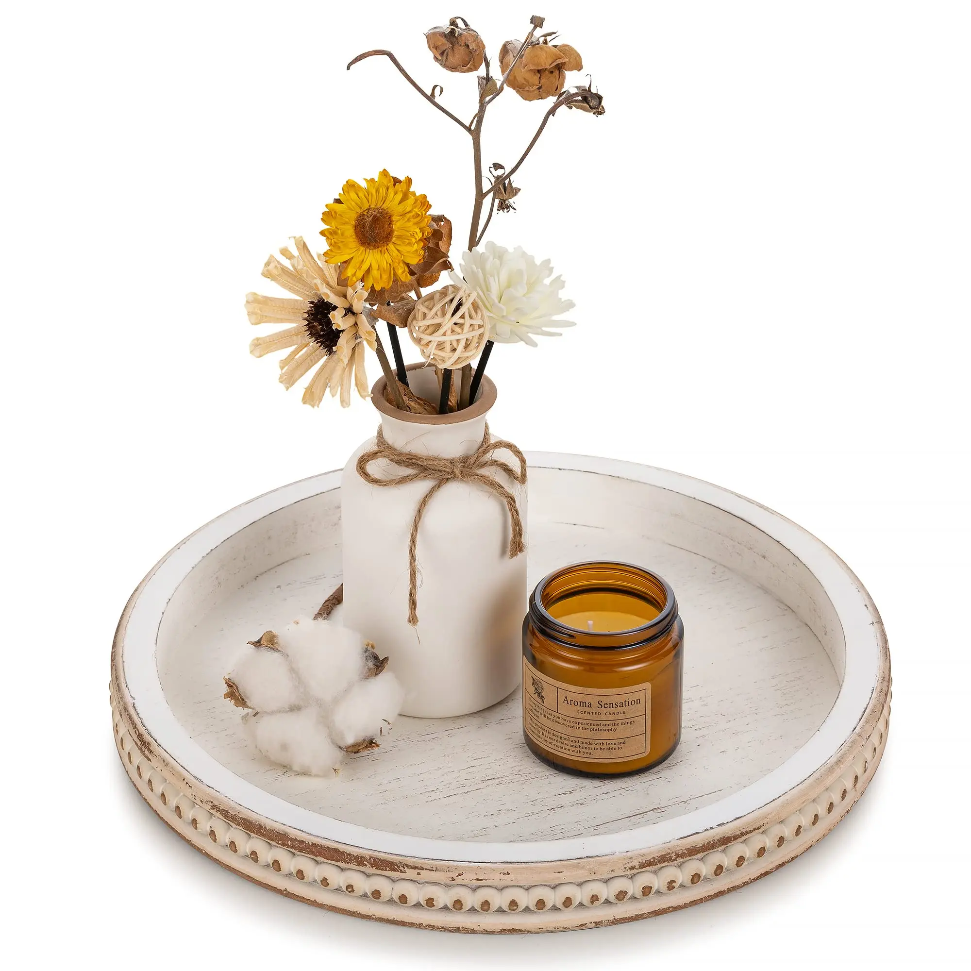 Decorative Serving Tray Wood: White Washed Bead Round Tray Decor for Coffee Table Rustic Wooden Trays Farmhouse Centerpiece for Living Room Kitchen Counter summerwins