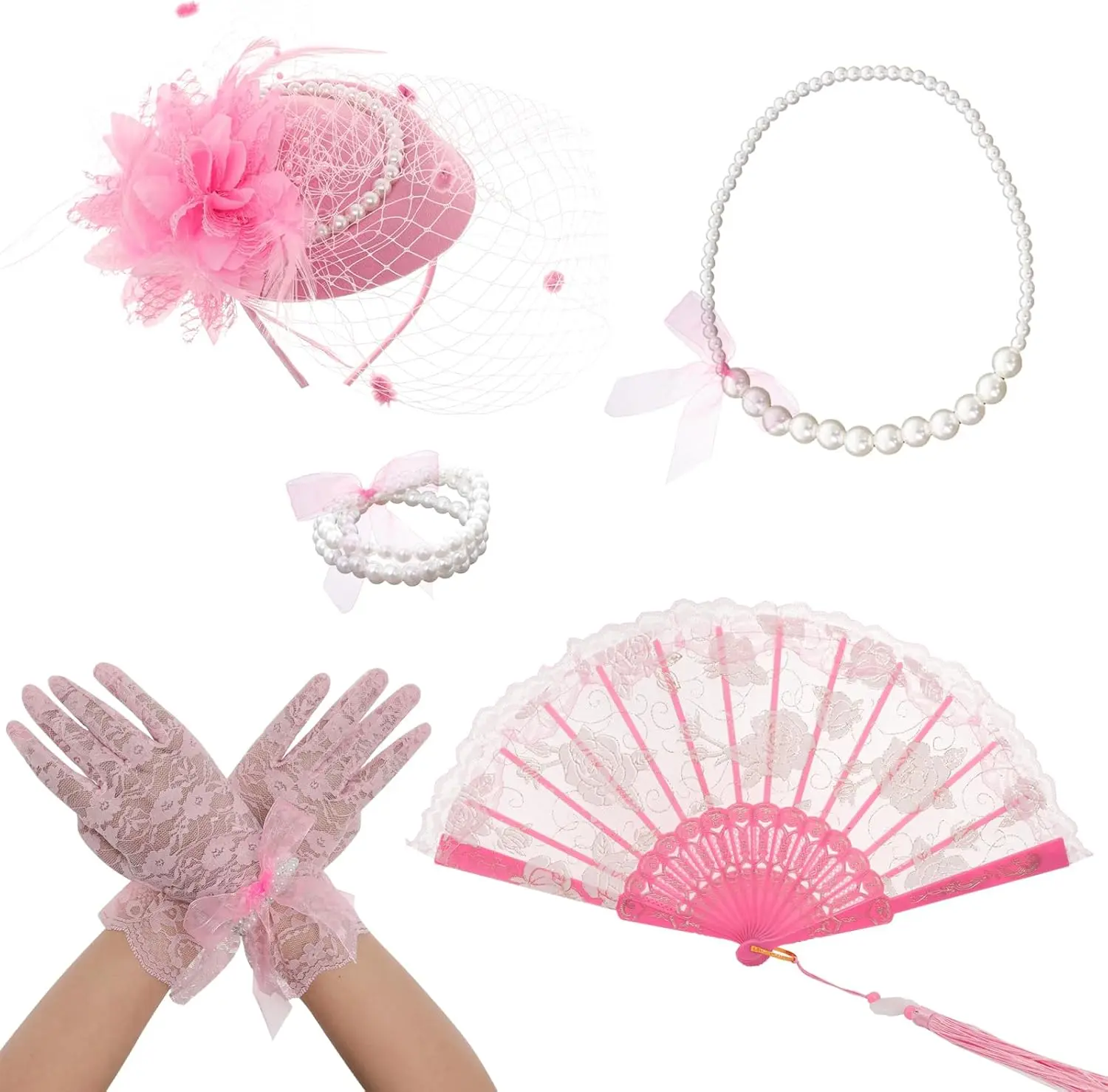 Fumwase 5Pcs Tea Party Accessories Set for Women Afternoon Tea Accessories Kit Gloves Hats Necklace Fan Bracelet