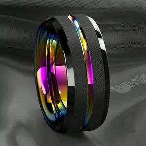 Men's 8mm Rainbow Groove Stainless Steel Ring - Black Brushed Wedding Band with Metallic Detailing, Metallic Detailing Rings